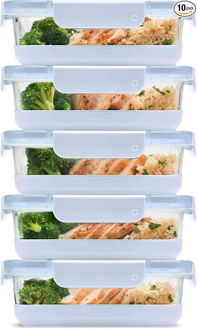 Ello Duraglass Refresh 3.4 Cup Meal Prep Containers, 10 Pc, Halogen Blue