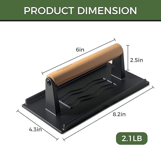 XUDAKAIXIN Cast Iron Smash Burger Press,Grill Bacon Meat Press Tool,Perfect for Blackstone, Camp Chef, Weber Grills & Indoor Griddles – BBQ & Cookout Must-Have (Rectangle -Grooved)