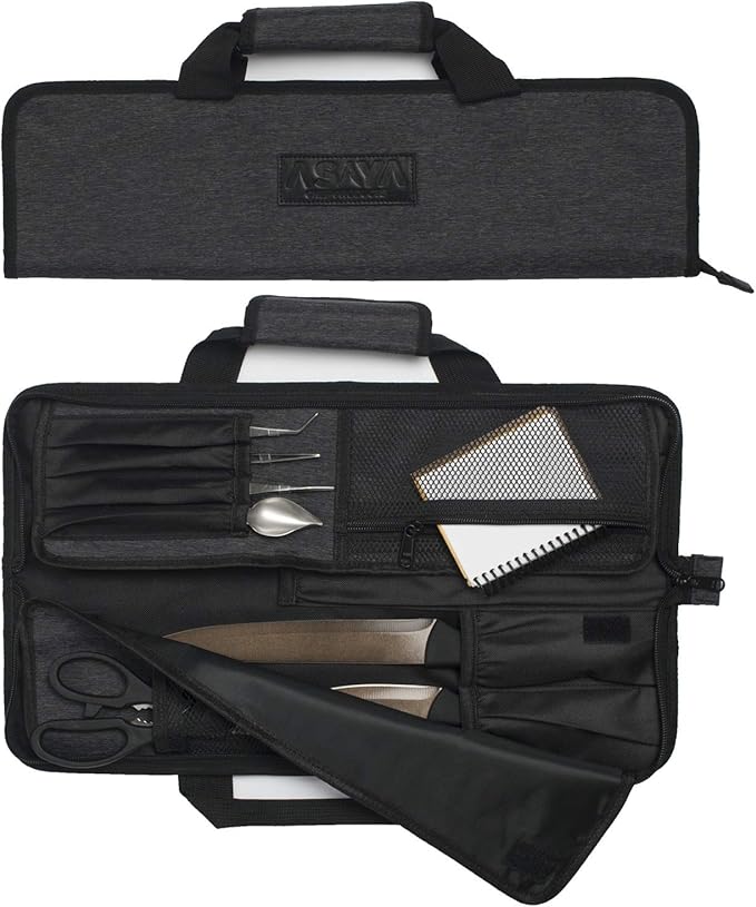 Asaya Chef Knife Roll Bag - 12-Pocket Chefs Case for Kitchen Knives and Utensils, Lightweight Stain-Resistant Waxed Nylon Chef Knife Bag - Knives Not Included (Black)