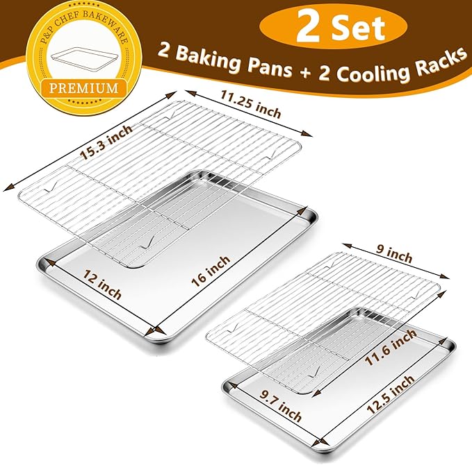 P&P CHEF 16 + 12.5 Inch Baking Sheet with Rack Set, Pans with Flat Racks