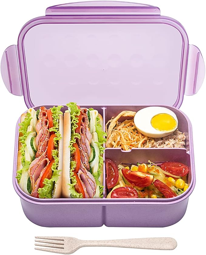MISS BIG® Large Bento Lunch Box for Adults, 1900ml, 3 Compartments, Purple