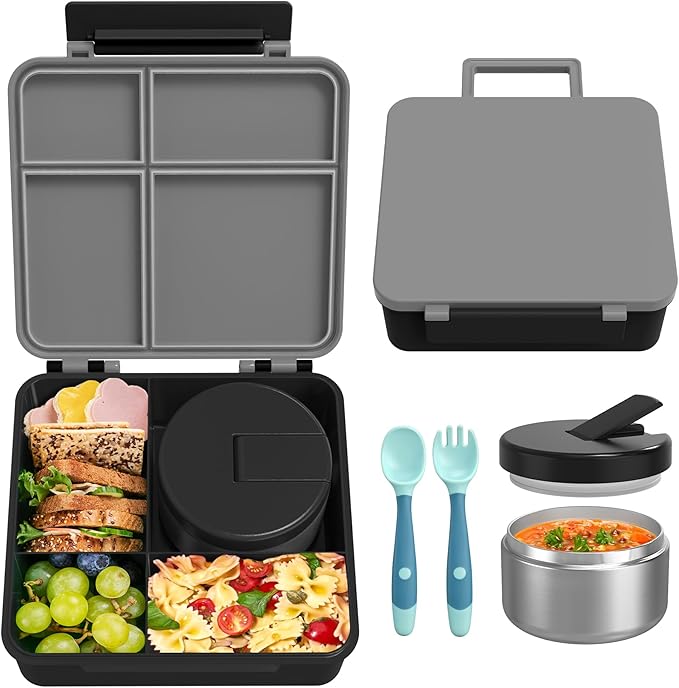 LOHASOK Bento Lunch Box for Kids with 8oz Soup Thermo, Black