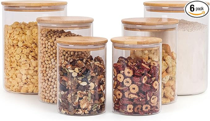 Wnaraa Glass Storage Containers with Lids, Glass Jars with Bamboo Lids, Large Food Storage Jar, Sugar, Pantry Storage Container for Pasta Rice Flour Oats Nuts Tea Spice (Round 27oz*2+54oz*2+100oz*2)