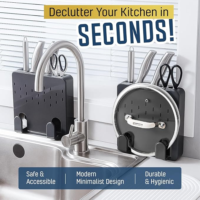 SLIMUCH Wall Mounted Knife & Cutting Board Holder – Self-Adhesive Pot Lid and Utensil Organizer with 4 Slots for Knives, Scissors & Kitchen Tools | Space-Saving Under Cabinet Storage Rack