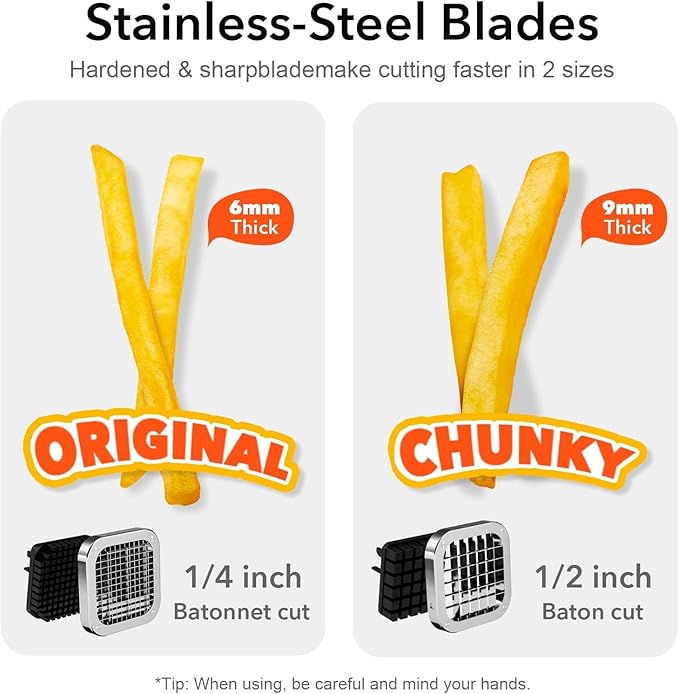 Potatoes French Fry Cutter with 2 Stainless Steel Blades (1/2 '' & 1/4 '')
