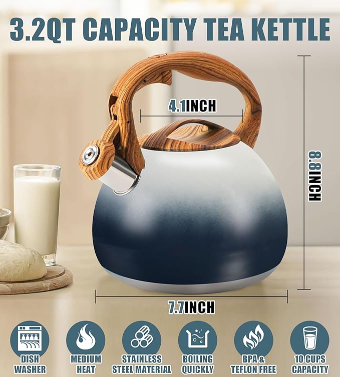 Foedo 3.2Qt Stainless Steel Whistling Tea Kettle Stovetop - Black & white