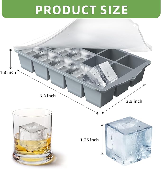 FANYITY Silicone Ice Cube Tray with Lid, Gray, Pack of 2 Ice Cube Moulds, Silicone Mould, BPA-Free, Stackable Ice Cube Tray, Ice Cube Trays for Baby Porridge, Cocktail, Whiskey, Coffee