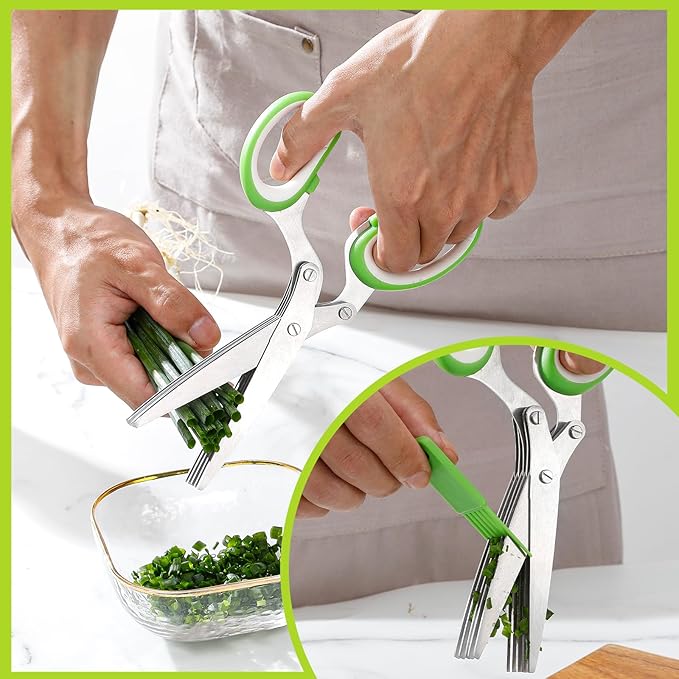 ccraowo 2025 Herb Scissors Set - Classic green 5-Blade Design with Cover and Comb - Skin-Friendly Handle for Comfortable Grip - Dishwasher Safe, Rust-Resistant Stainless Steel for Fresh Herbs