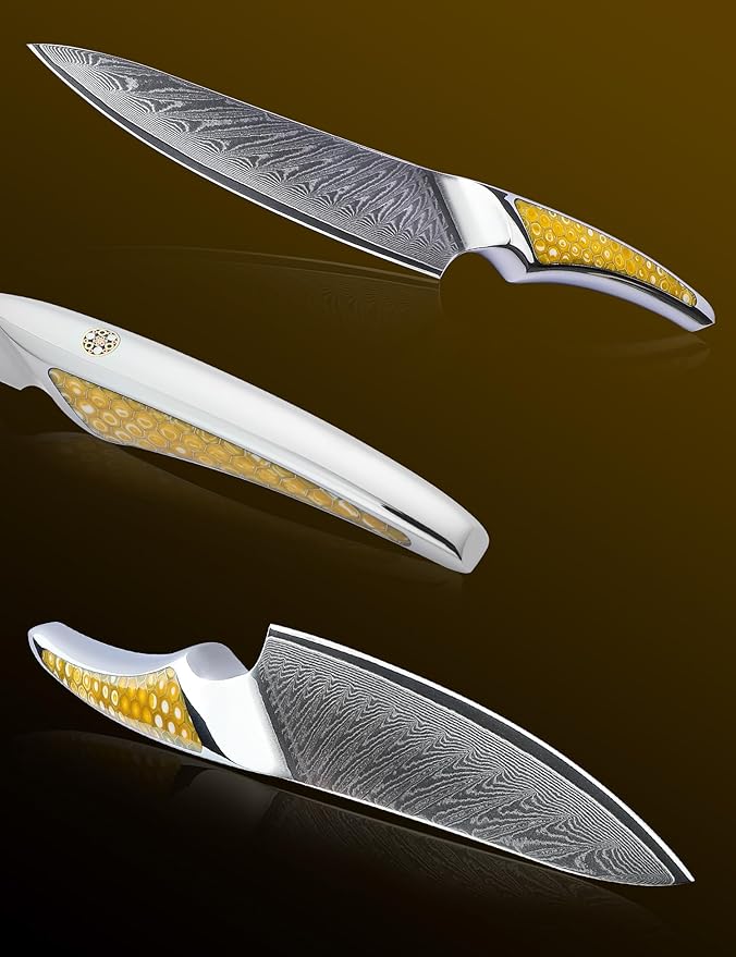 SANMUZUO 5 inch Utility Knife, Japanese VG-10 Damascus Steel Kitchen Knife, Ultra Sharp Fruit Knife with Full-tang Handle in Yellow Resin, LA-S9 Series