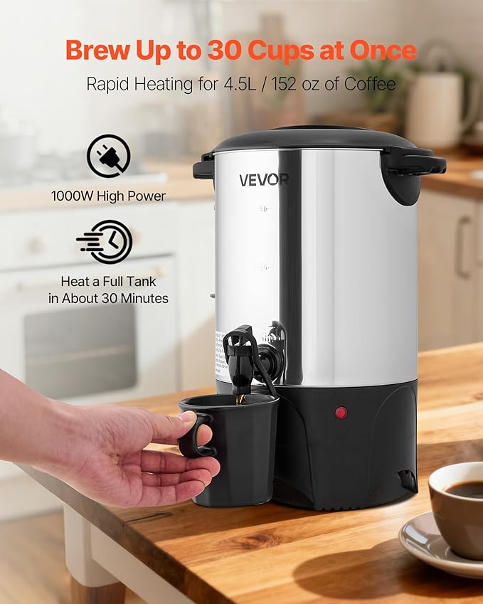 VEVOR Commercial Coffee Urn, 30 Cup 4.5 L Hot Beverage Dispenser with Dripless Faucet, Quick-Brewing Commercial Coffee Maker with Stainless Steel Liner, for Catering, Business, Church & Restaurant