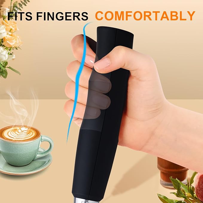 YUSWKO Handheld Milk Frother Wand for Coffee, Rechargeable Electric Whisk with 3 Heads 3 Speeds Drink Mixer Coffee Frother For Latte, Cappuccino, Hot Chocolate, Egg, Black with Holder
