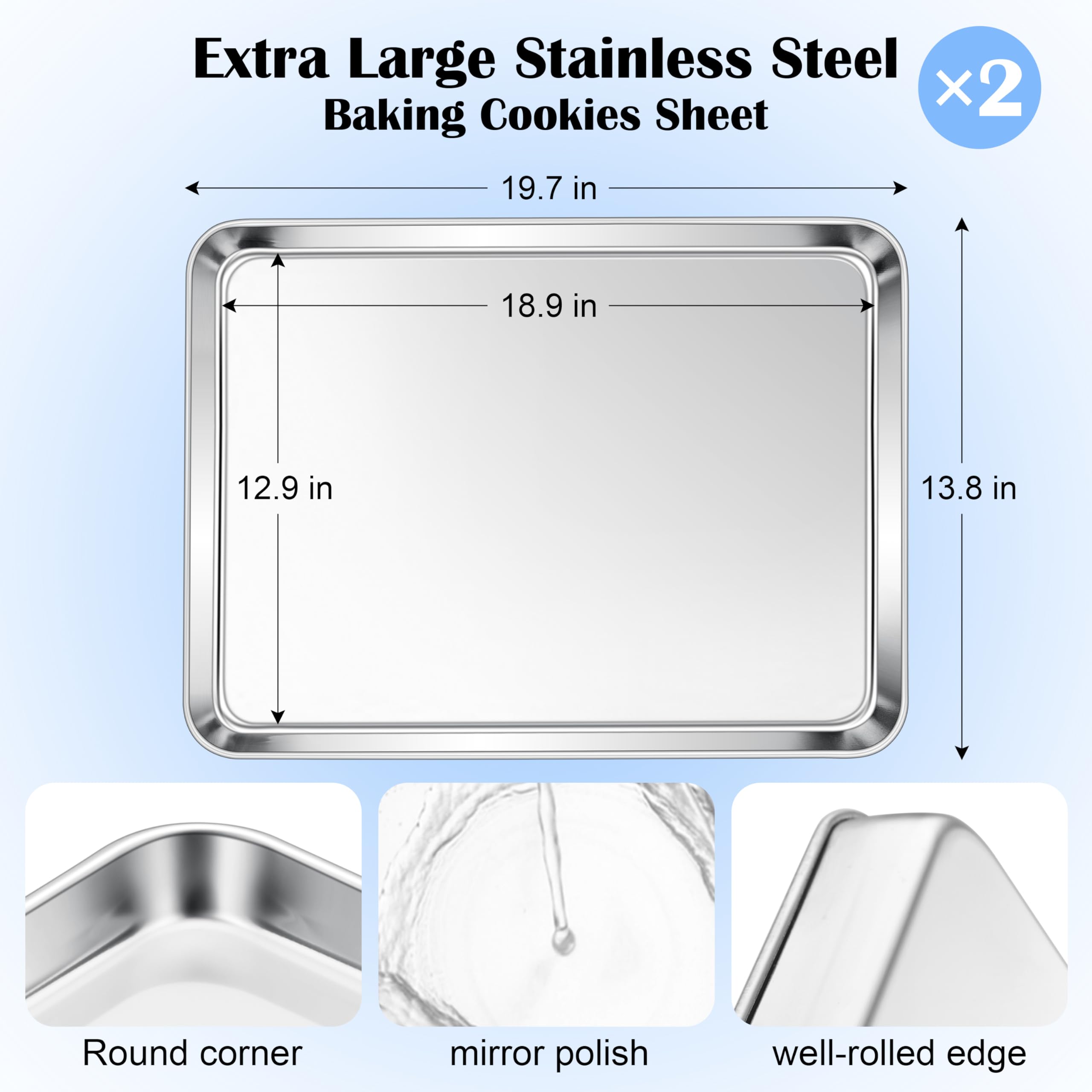 E-far Large Baking Sheet Set of 2, 20"x14" Stainless Steel Cookie Sheet