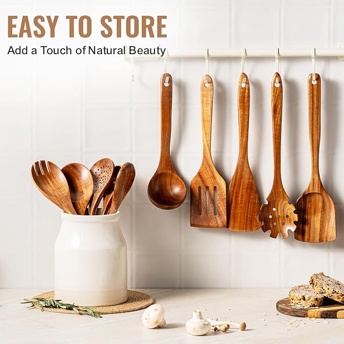 Terlulu 10 Pcs Wooden Spoons for Cooking, Natural Teak Wooden Kitchen Utensils Set, Durable Cooking Utensils Set with Comfort Grip for Cookware, Smooth Finish&NonStick& Heat Resistant Wooden Spatula