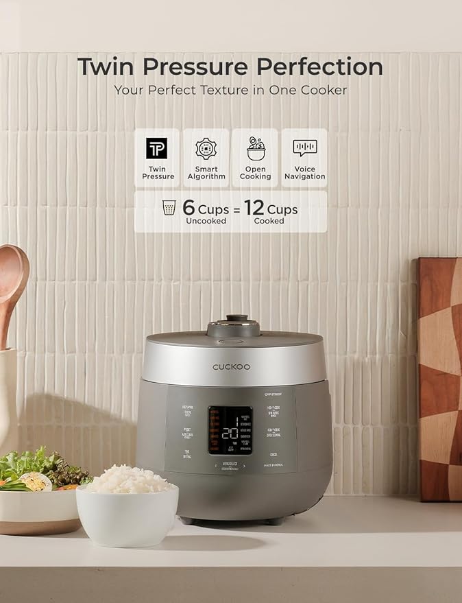 CUCKOO Twin Pressure Rice Cooker, 12-Cup Cooked, Gray, CRP-ST0609FG