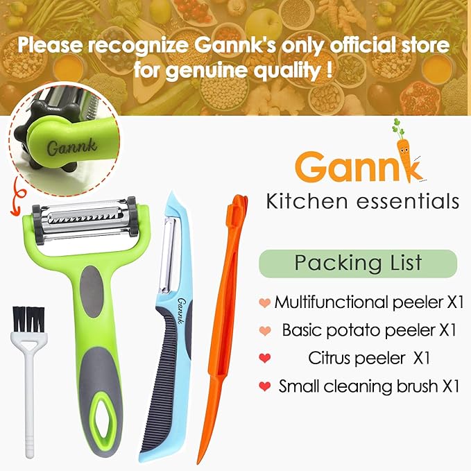 GANNK Potato Apple Vegetable Peelers for Kitchen, I and Y Peelers for Fruit Veggie Potatoes Carrot Cucumber, 3 in 1 Blade Spin Design With Julienne Multifunctional
