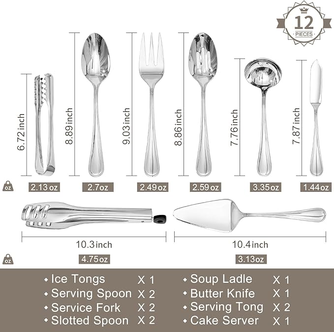 12-Piece Teardrop Serving Utensils Set, 18/10 Stainless Steel Utensils