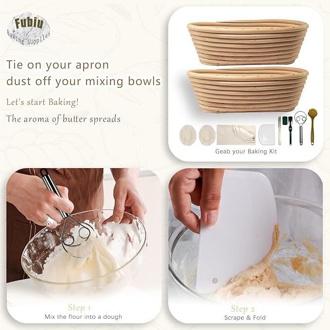 Fubiu Natural Unbleached Banneton, Sourdough Bread Proofing Basket Kit, 2x 10 Inch Oval Basket with BreadMaking Baking Supplies Tools, Banneton Basket Gift Set - Primary Color