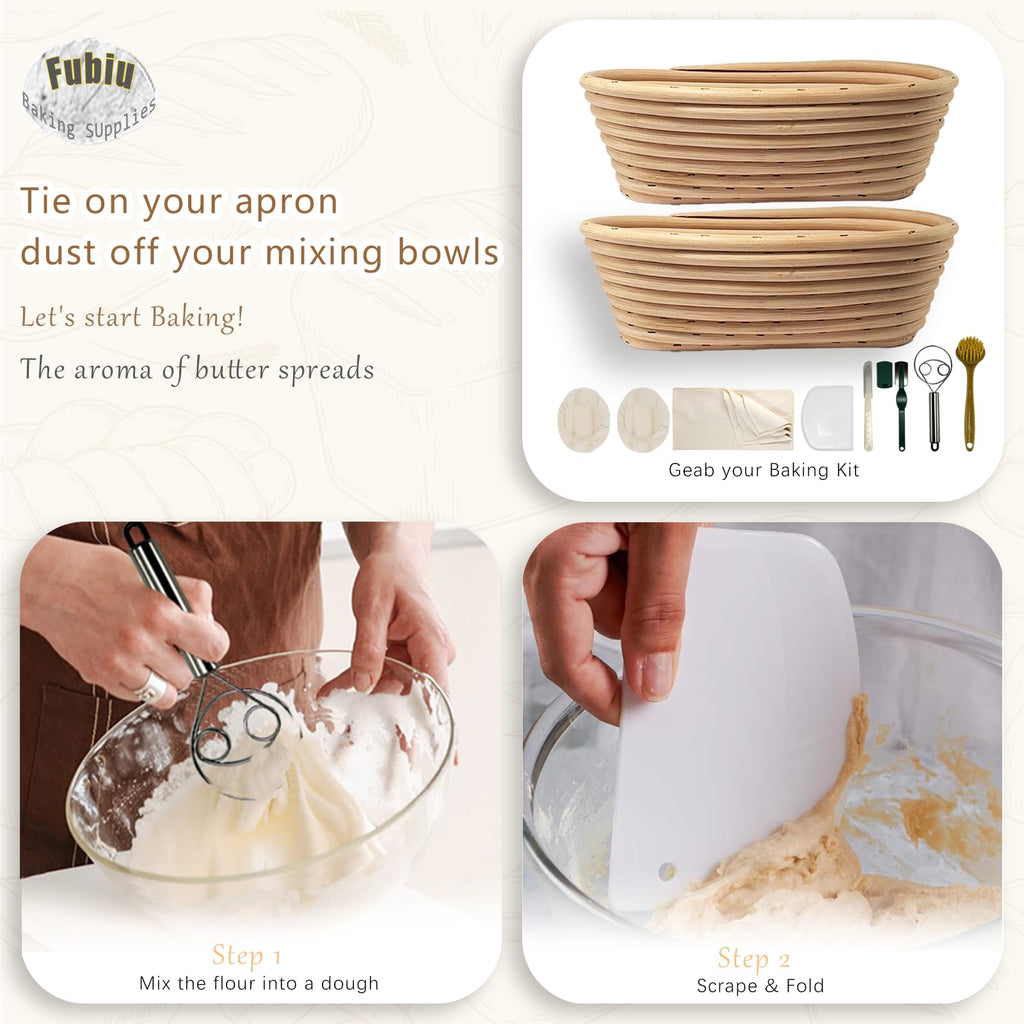 Fubiu Natural Unbleached Banneton, Sourdough Bread Proofing Basket Kit, 2x 10 Inch Oval Basket with BreadMaking Baking Supplies Tools, Banneton Basket Gift Set - Primary Color