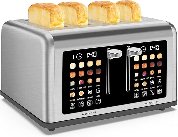 4 Slice Toaster Touch Screen, Stainless Steel Toasters Digital Timer, Dual Control Panel Toasters, 8 Shade Settings 6 Bread Types for Bagel, Cancel, Defrost 1650W Silver