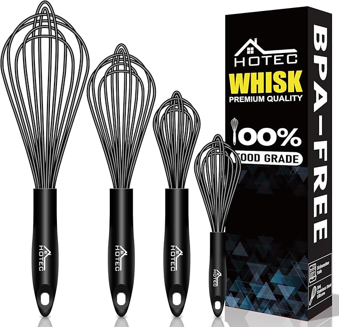 HOTEC 4 Pieces Silicone Whisks Set, Wire Balloon Whisks for cooking Egg Beater, Non-slip Handle Whisk for Non-stick Cookware Perfect for Cooking, Stirring, Beating and Blending,Black