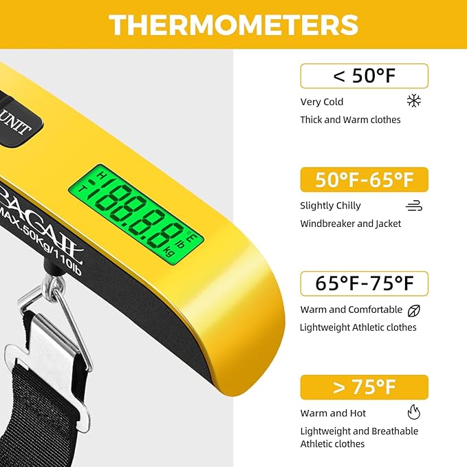 BAGAIL Digital Luggage Scale, 110lbs Hanging Baggage Scale with Backlit LCD Display,Portable Suitcase Weighing Scale,Travel Luggage Weight Scale with Hook,Strong Straps for Travelers(Yellow)
