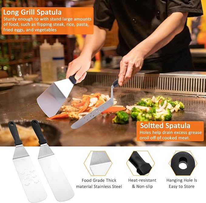 Blackstone Griddle Accessories Kit, 8PCS Flat Top Grilling Accessories Set for Blackstone and Camp Chef, Metal Grill BBQ Enlarged Spatulas Set with Carry Bag Outdoor BBQ & Camping