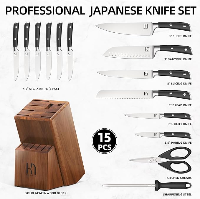 KnifeSaga 15 Pcs Japanese Knife Set with Sharpener, Razor Sharp, Premuim
