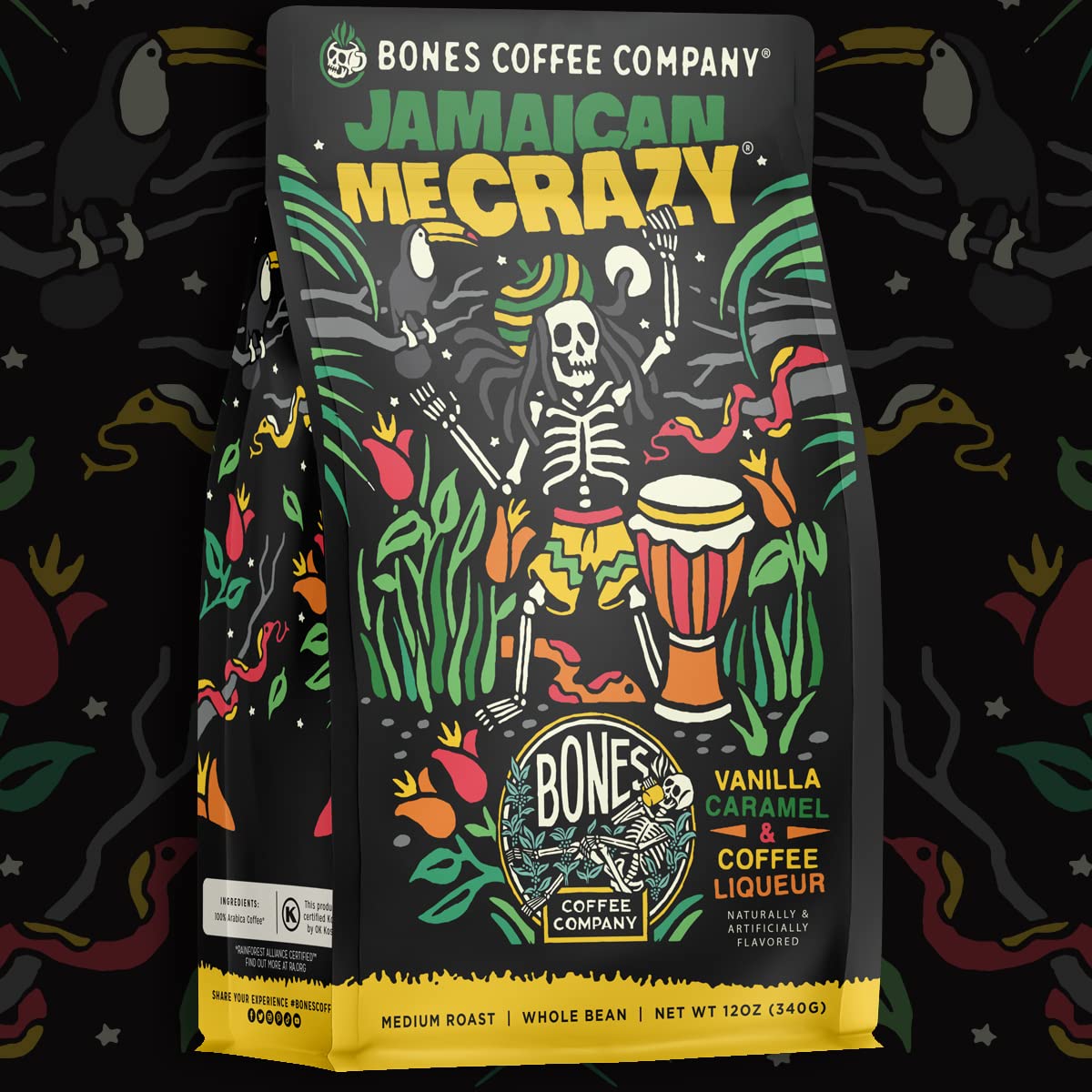 Bones Coffee Company Jamaican Me Crazy, Vanilla Caramel Flavored Coffee, Medium Roast Low Acid Arabica Beans Compatible with Auto drip and French Press Coffee Maker, 12 Oz Ground