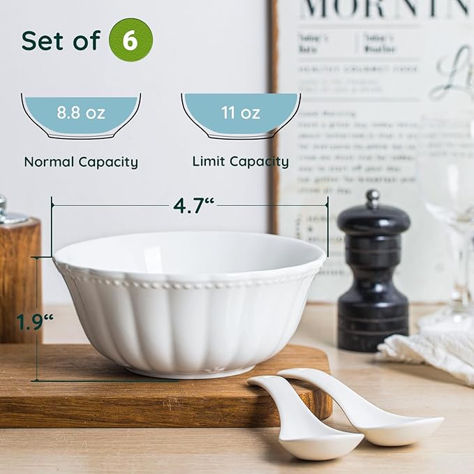 HOMBENE White Porcelain Fruit Bowls, 4.7 Inch Serving Bowls,Ice Cream Bowl, Kitchen Bowl Set, Microwave and Dishwasher Safe, Set of 6