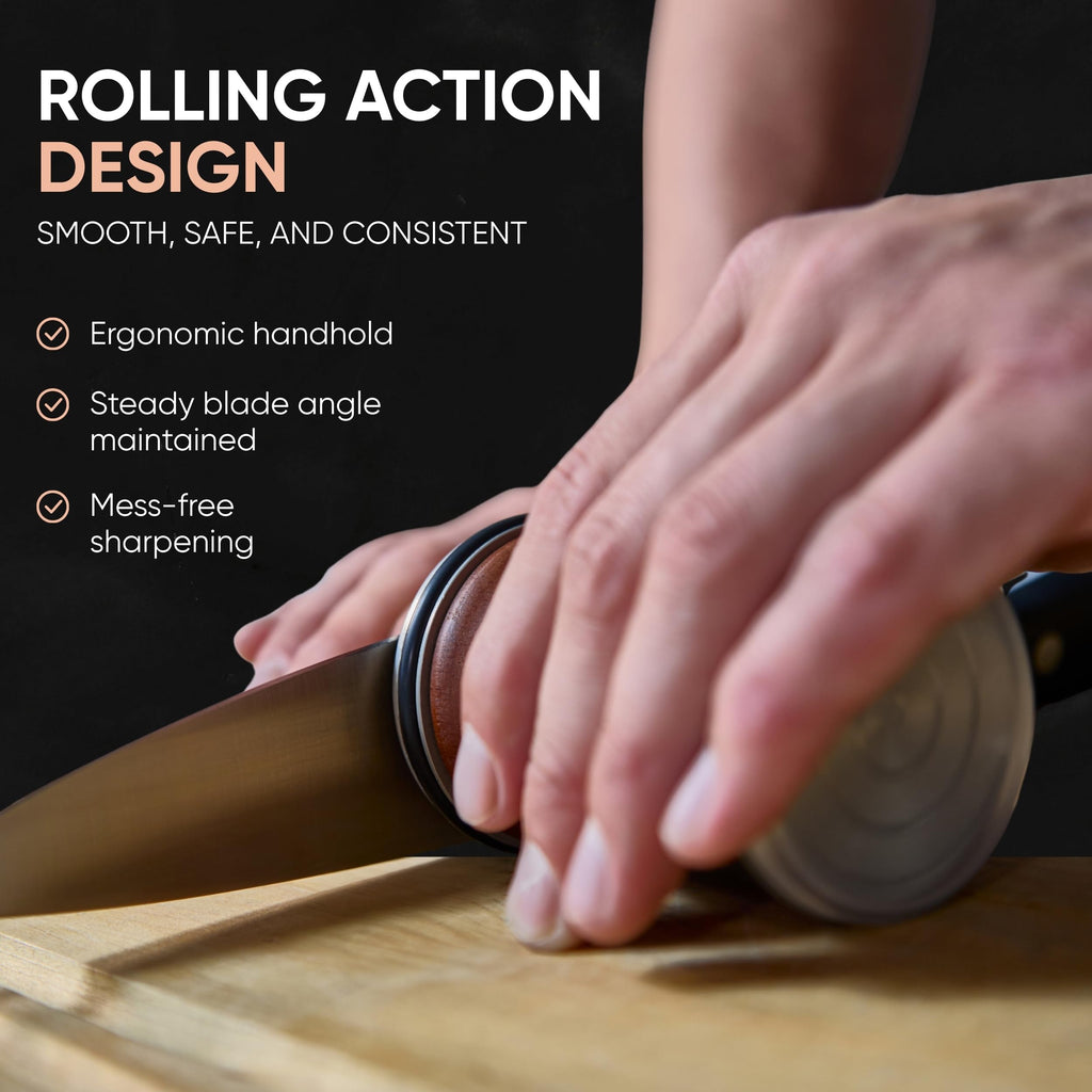 Strayt Mark Rolling Knife Sharpener Kit – Premium Walnut Wood Kitchen Knife Sharpener for 15° & 20° Edge - Magnetic Knife sharpener with Diamond & Stainless Disc #1000/#3000