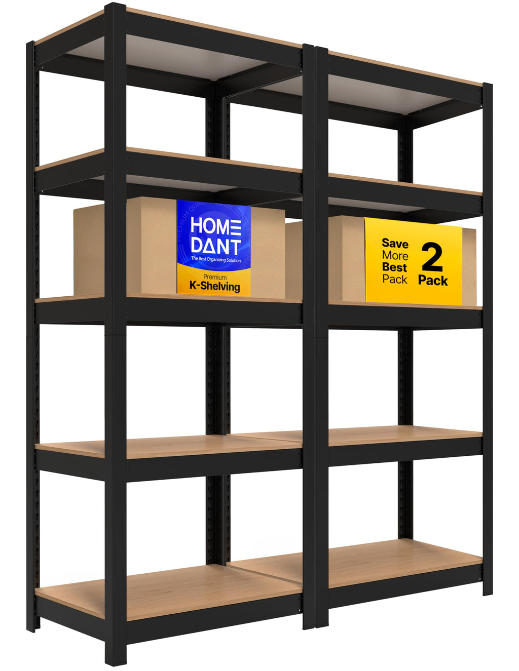 HOMEDANT House 24.4" W 5 Tier Heavy Duty Garage Shelving Adjustable Metal Rack Storage Shelves Standing Shelf Unit Organizers Pantry Closet Office Black 2Pack