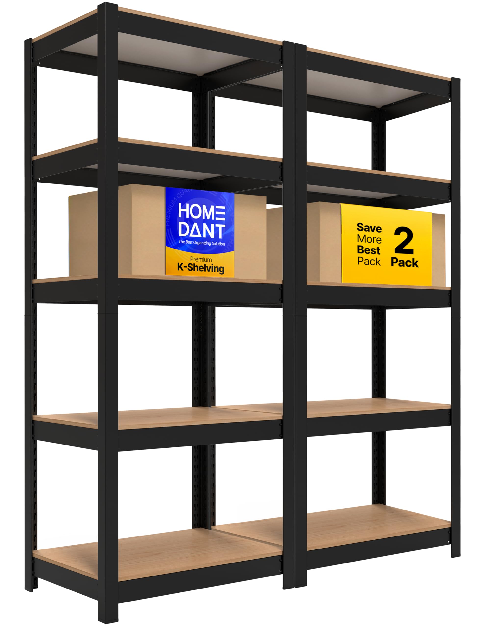 HOMEDANT House 24.4" W 5 Tier Heavy Duty Garage Shelving Adjustable Metal Rack Storage Shelves Standing Shelf Unit Organizers Pantry Closet Office Black 2Pack