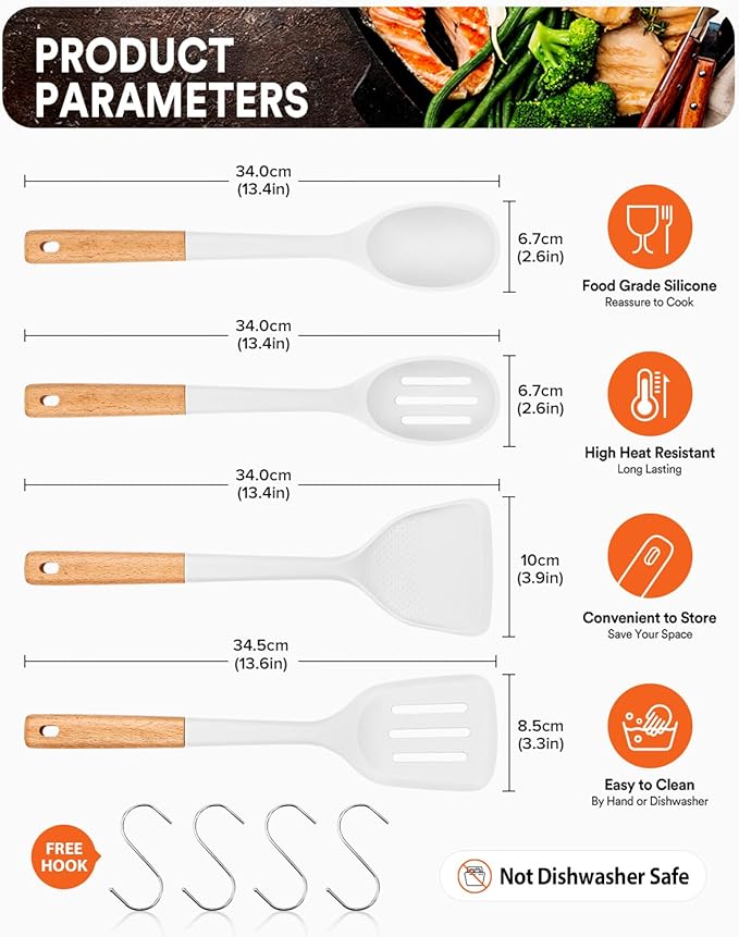 Badiano Silicone Cooking Utensils Set, Safe for Nonstick Cookwares, White