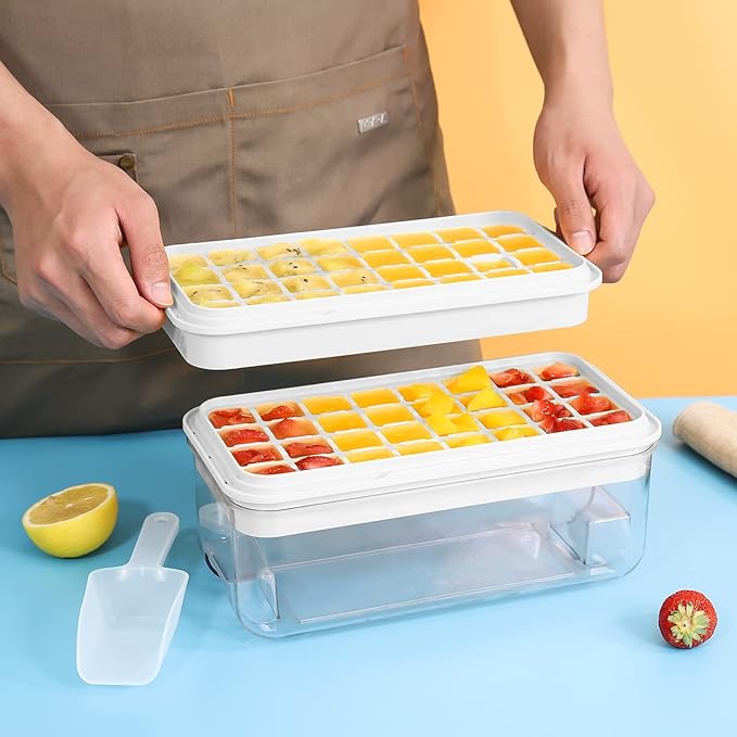 PHINOX Ice Cube Tray with Lid and Bin, Easy Release 56 Cubes for Freezer