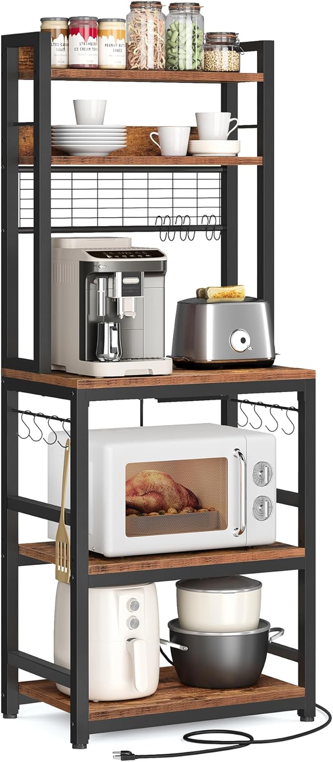 VASAGLE Bakers Rack with Power Outlet, Microwave Stand, Kitchen Tall Utility Storage Shelf, with Metal Wire Panel, 14 Hooks, 15.7 x 23.6 x 66.9 Inches, Rustic Brown and Ink Black UKKS037B01