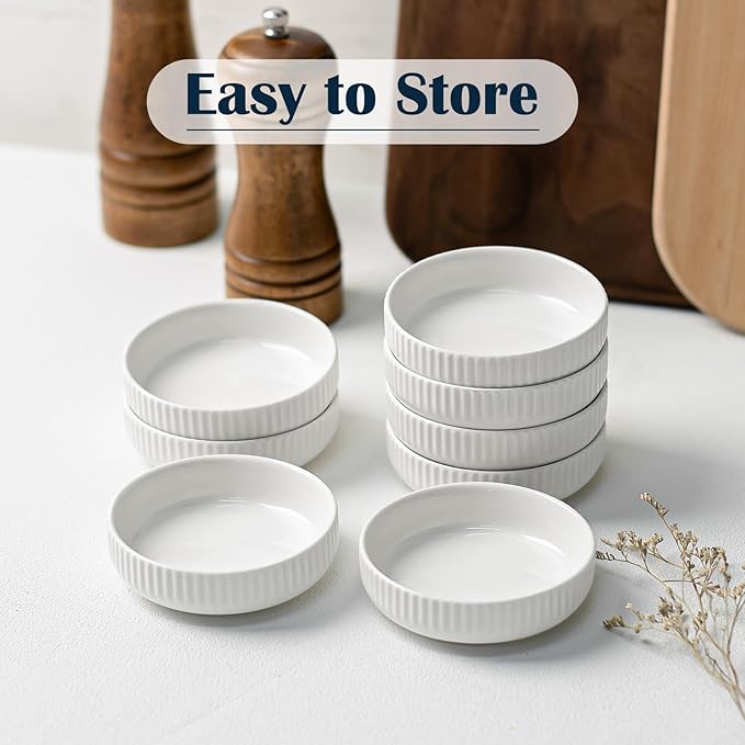 KOBIKOBI Dipping Bowls Set of 8-3 Oz Ceramic Sauce Bowls, Soy Sauce Dish, Small Condiment Cups for Sushi, BBQ, Appetizer - Stackable Food-Safe White Dipping Sauce Bowls, Japanese Style
