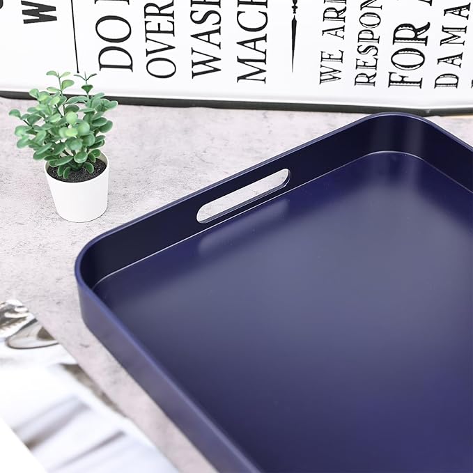 SforGUVA Square Navy Blue Decorative Serving Tray with Handles, Versatile Ottoman Tray for Coffee Table, Entertaining, Outdoor Patio, Living Room, 13”*13”*1.6”