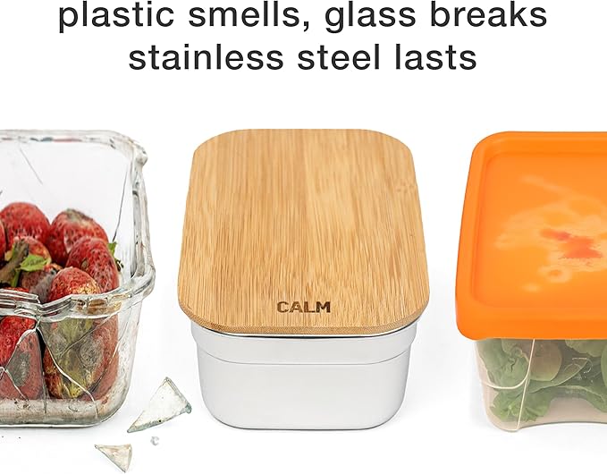 Calm Organics Stainless Steel Food Containers with Bamboo Cutting Board Lids | Set of 3 Reusable Meal Prep Boxes | Airtight Leak-Resistant | Dishwasher Safe | BPA-Free | 2, 4, 6 Cup Sizes