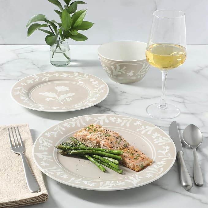 Martha Stewart Dinnerware Set - Maiden Crown 12-Piece Dish Set, Taupe – New Bone China Ceramic Plates & Bowls – Floral Design – Service for 4 – Microwave & Dishwasher Safe