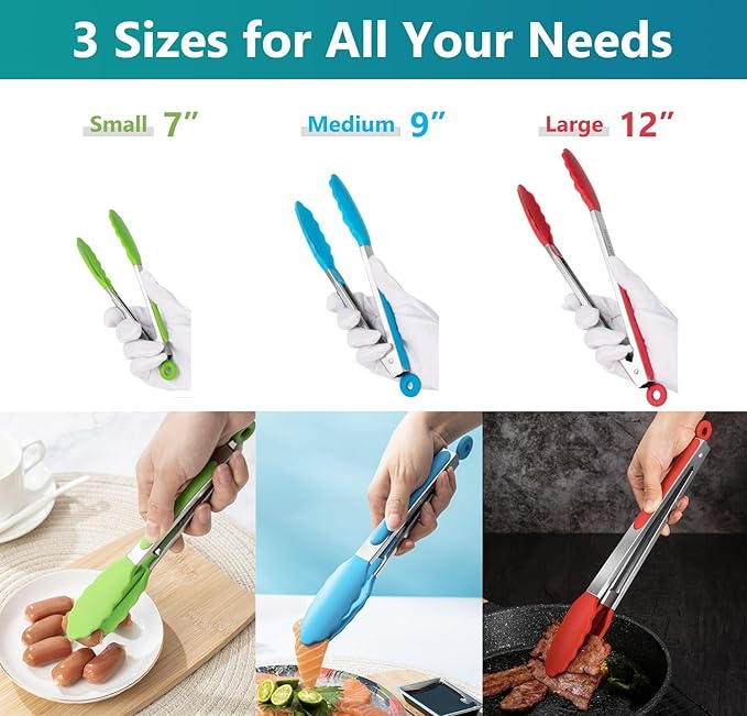 7/9/12 Inch Kitchen Tongs Set of 3, Cooking Tongs with Silicone Tips
