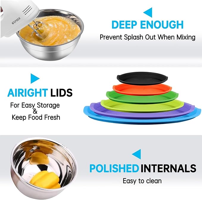 WEPSEN Mixing Bowls with Lid Set, 25PCS Kitchen Utensils Metal Bowl Stainless Steel Nesting Bowls, Measuring Cups and Spoons, Egg Whisk for Baking Prepping Cooking Serving Supplies