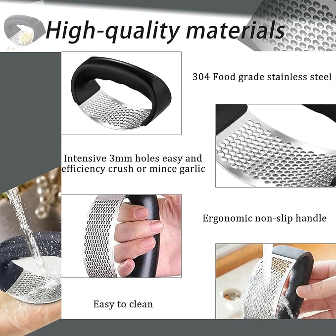 Stainless Steel Garlic Press, Garlic Press Rocker Garlic Masher Garlic Masher for Mashing Garlic, Kitchen Tools with Ergonomic Handle, Garlic Peeler