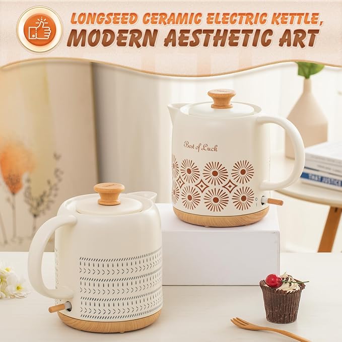 LONGSEED 1 Quart Ceramic Electric Kettle, 1000W Fast Boil Retro Tea Pot with Auto Shut-Off & Boil-Dry Protection, Floral Porcelain Hot Water Boiler with LED Light for Home & Kitchen