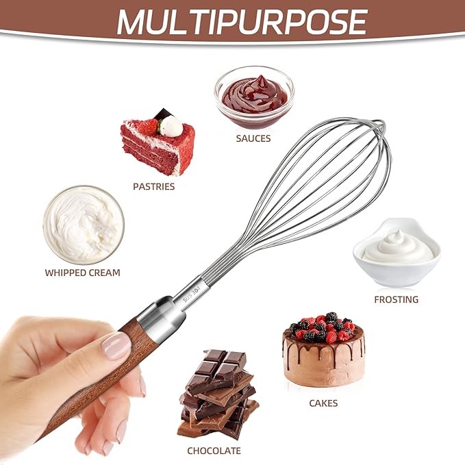 EVNSIX Stainless Steel Wire Cooking Whisk, Multi Function Kitchen Hand Whisk Non Stick Balloon Whisk Egg Beater for Blending Whisking Beating Frothing Stirring Batters,Wooden Handle (11""L x 2.1""W)