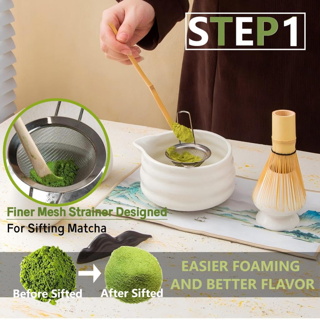 Matcha Tools ，Matcha Whisk Holder， Matcha Chasen Whisk Stand ，Ceramic Holder ，Matcha Bowl ，Traditional Japanese Tea Ceremony Starter (Fruit Green Ceramic Holder，Whisk ， 4 set)