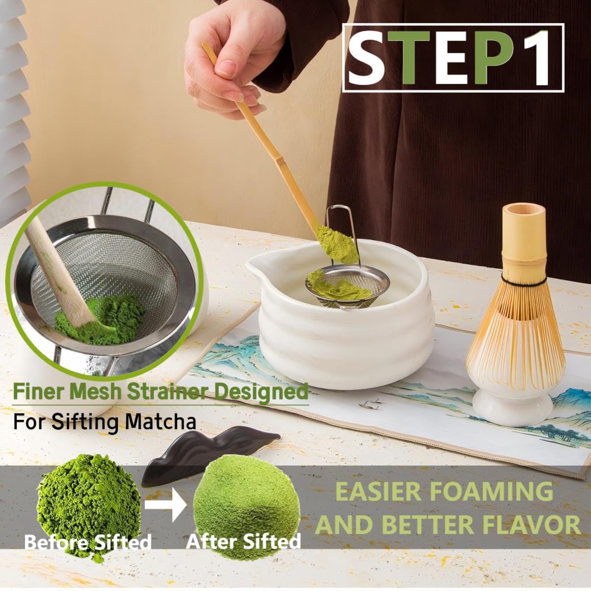 Matcha Tools ，Matcha Whisk Holder， Matcha Chasen Whisk Stand ，Ceramic Holder ，Matcha Bowl ，Traditional Japanese Tea Ceremony Starter (Fruit Green Ceramic Holder，Whisk ， 4 set)