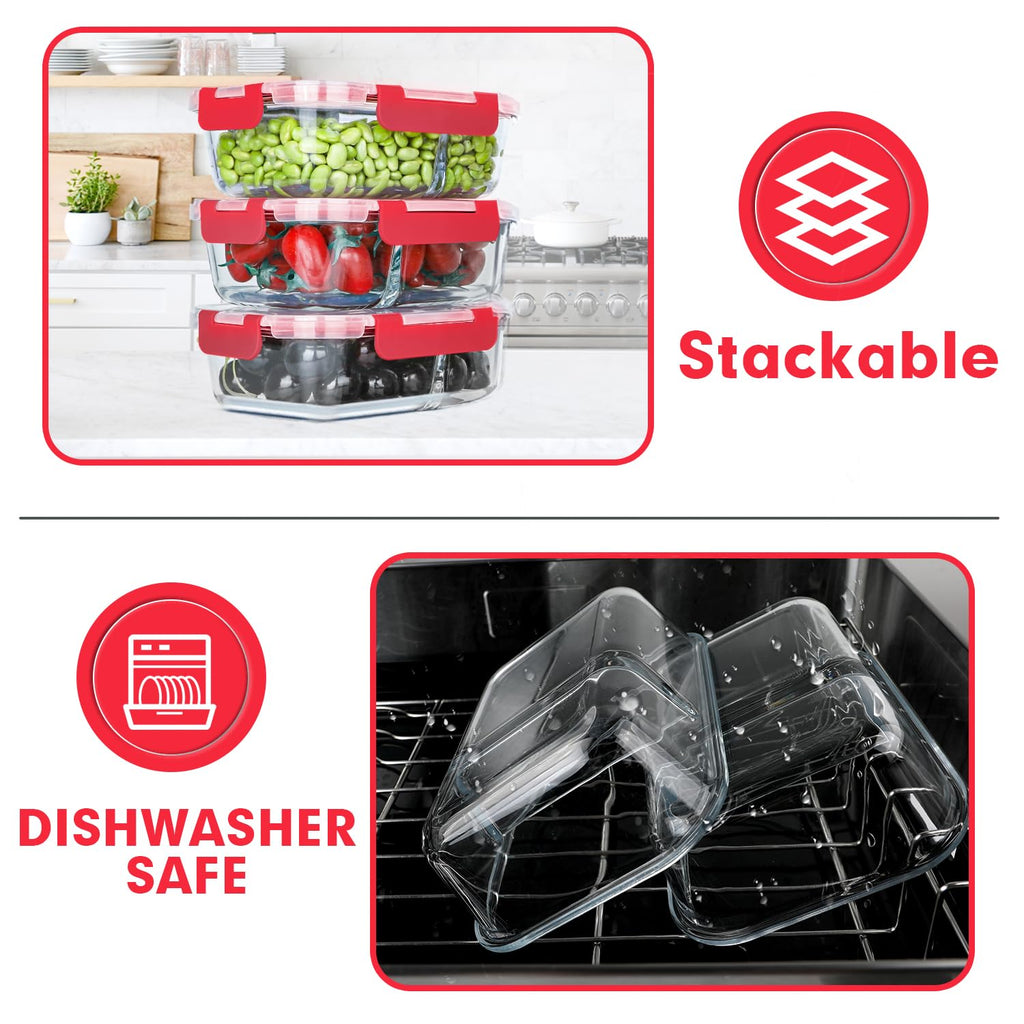VERONES 10 PACK 30 OZ Glass Meal Prep Containers 2 Compartment Set, Red