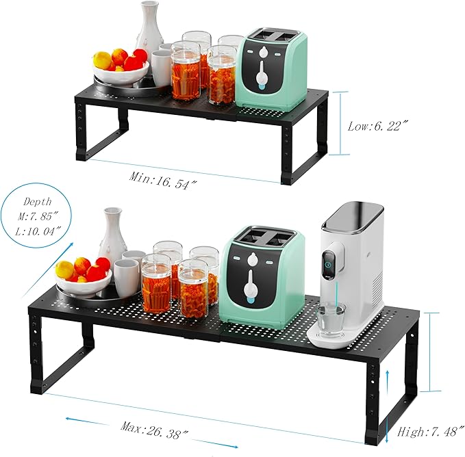 Wobmmi Expandable Spice Rack Kitchen Cabinet Shelf Organizer, Stackable Storage Shelves Racks, Adjustable Counter Shelving for Cabinets, Countertop, Cupboard,Pantry and More(2Packs/Black/Large)