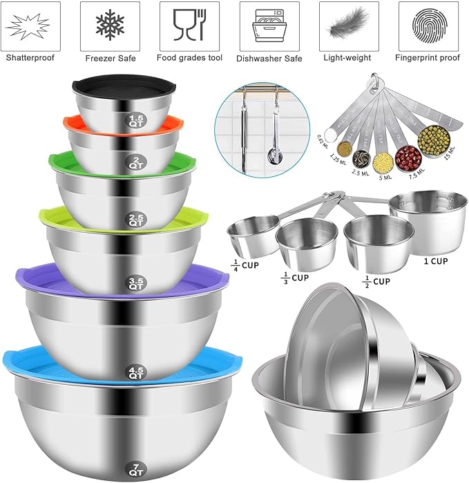 WEPSEN Mixing Bowls with Lid Set, 25PCS Kitchen Utensils Metal Bowl Stainless Steel Nesting Bowls, Measuring Cups and Spoons, Egg Whisk for Baking Prepping Cooking Serving Supplies