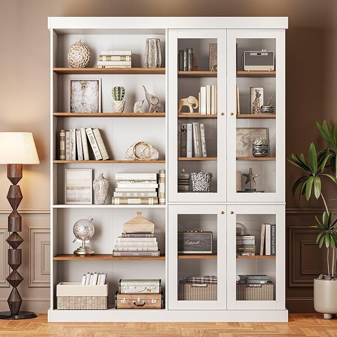 ivaniti 70.8" Tall Farmhouse Bookshelf with Glass Doors, Modular Bookcase with 6-Tier Adjustable Shelves, Large Storage Cabinet for Kitchen, Living Room, White, Set of 4
